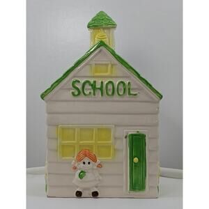 Vintage School House Bank Ceramic White Green Yellow Girl
